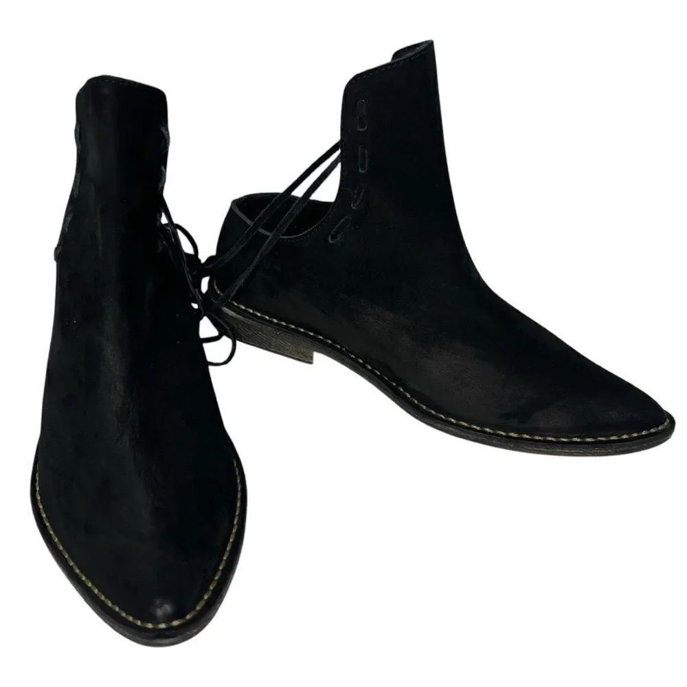 Free People Ajax Black Suede Lace Back Tie Ankle Women’s Booties Sz 37/US 6.5